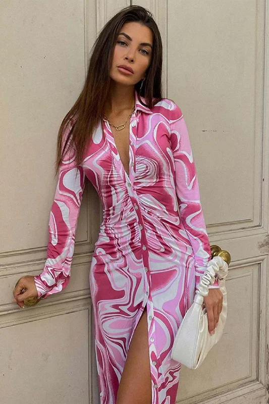 Midi dresses with printed lining for a hidden and stylish detail Rose Red Button-Front Printed Shirt Dress Midi dresses with printed lining for a hidden and stylish detail Rose Red Button-Front Printed Shirt Dress