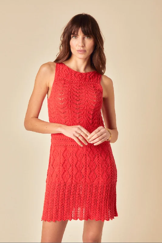 Strapless mini dresses for a beach vacation Red Mock Crochet Swing Mini Dress