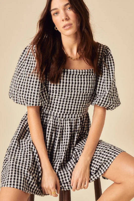 Mini dresses with ribbed textures for a unique appearance Black Gingham Nova Mini Dress Mini dresses with ribbed textures for a unique appearance Black Gingham Nova Mini Dress