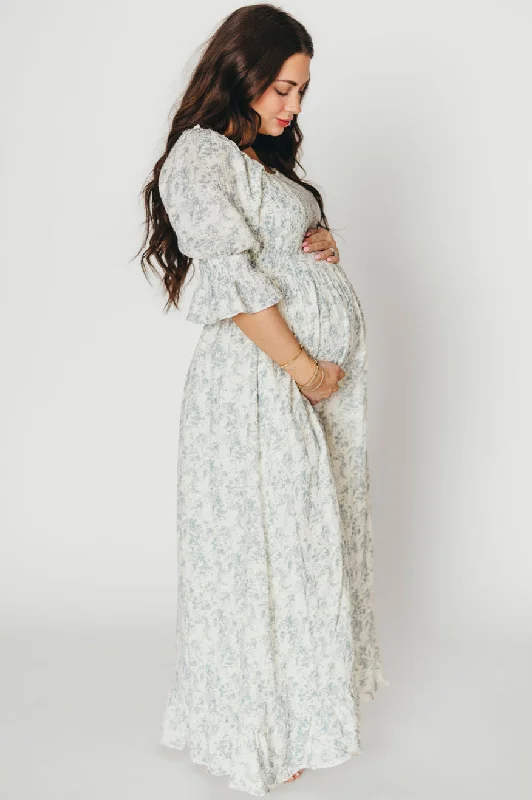 Midi dresses with embroidered accents for a unique and detailed design Sienna 100% Cotton Puff Sleeve Maxi Dress in Blue Floral - Bump Friendly Midi dresses with embroidered accents for a unique and detailed design Sienna 100% Cotton Puff Sleeve Maxi Dress in Blue Floral - Bump Friendly