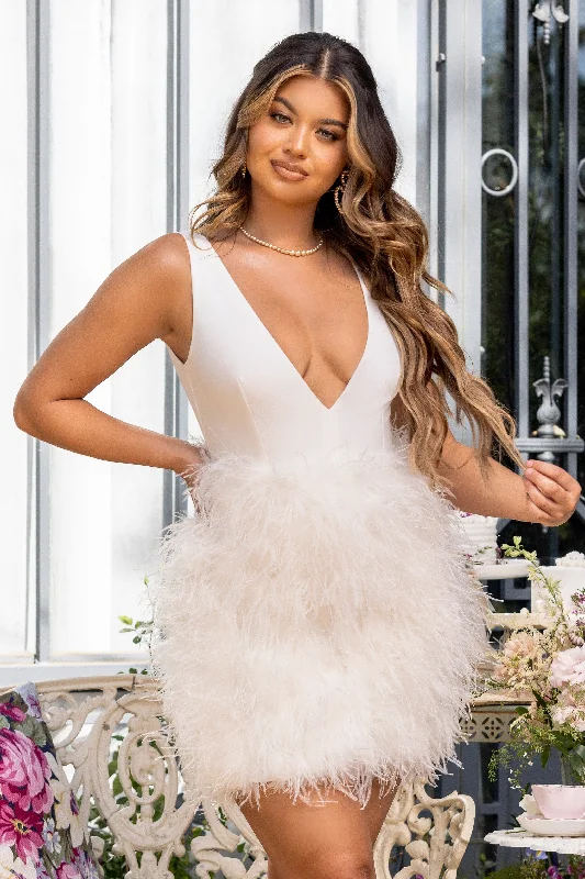 Mini dresses with criss - cross backs for a flirty look Flirt | White Plunge Front Mini Dress With Feather Skirt Mini dresses with criss - cross backs for a flirty look Flirt | White Plunge Front Mini Dress With Feather Skirt