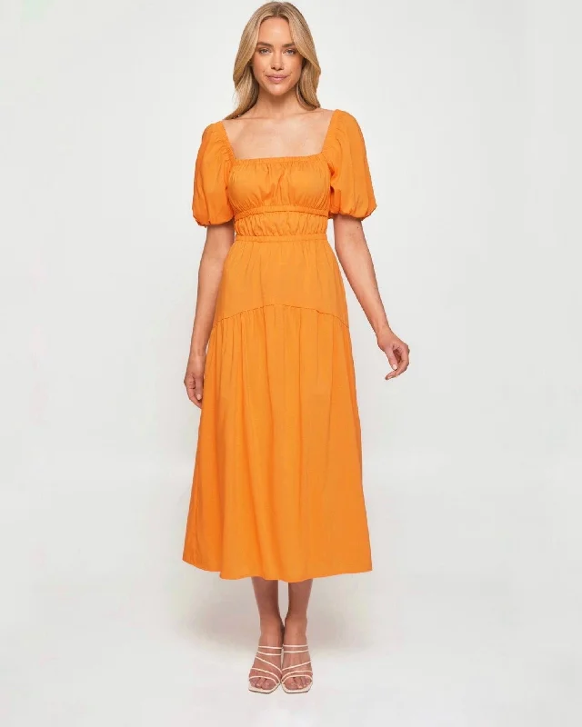 Midi dresses with satin - finish fabrics for a luxurious feel MIMI MIDI DRESS -ORANGE Midi dresses with satin - finish fabrics for a luxurious feel MIMI MIDI DRESS -ORANGE