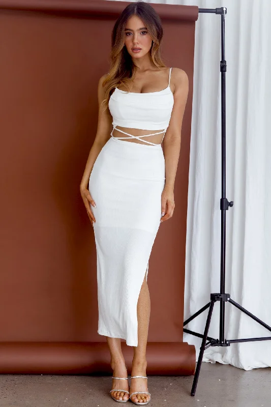 Midi dresses with lace - up fronts for a unique and adjustable style Crazy In Love Cowl Neck Cut-Out Waist Midi Dress White