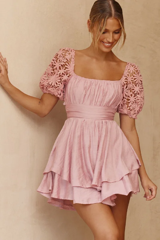 Sleeveless Women Dress in Bright Colors for Summer PartiesAbby Lace Puff Sleeve Tie-Up Back Dress Blush Sleeveless Women Dress in Bright Colors for Summer PartiesAbby Lace Puff Sleeve Tie-Up Back Dress Blush