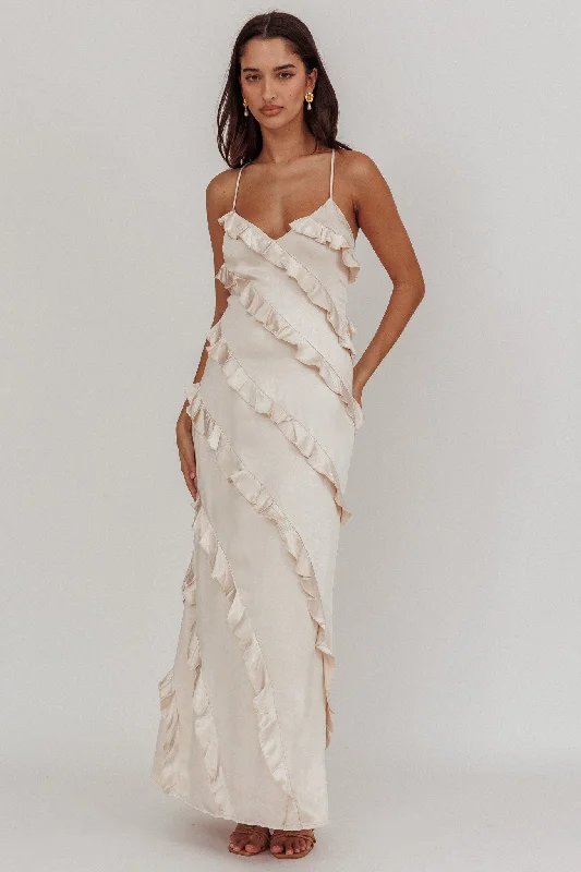 Ruffled Women Dress with Multiple Layers for a Playful and Girly StyleArrabel Ruffle Trim Maxi Dress Champagne Ruffled Women Dress with Multiple Layers for a Playful and Girly StyleArrabel Ruffle Trim Maxi Dress Champagne
