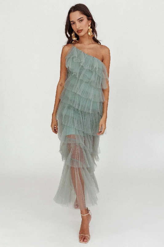 Ruffled Women Dress with Multiple Layers for a Playful and Girly StyleArrabel Tiered Ruffle Tulle Maxi Dress Sage Ruffled Women Dress with Multiple Layers for a Playful and Girly StyleArrabel Tiered Ruffle Tulle Maxi Dress Sage