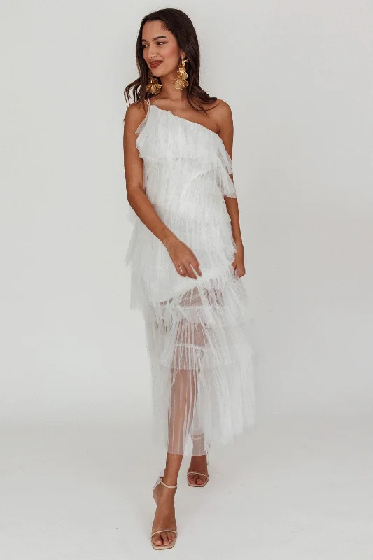 Plus Size Women Dress with a Flattering A - Line Cut for Comfort and StyleArrabel Tiered Ruffle Tulle Maxi Dress White Plus Size Women Dress with a Flattering A - Line Cut for Comfort and StyleArrabel Tiered Ruffle Tulle Maxi Dress White