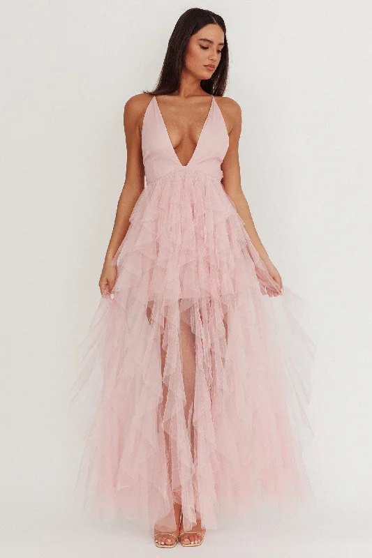 Pleated Women Dress with a Timeless and Elegant TextureAuguste Cascading Frill Maxi Dress Blush Pleated Women Dress with a Timeless and Elegant TextureAuguste Cascading Frill Maxi Dress Blush