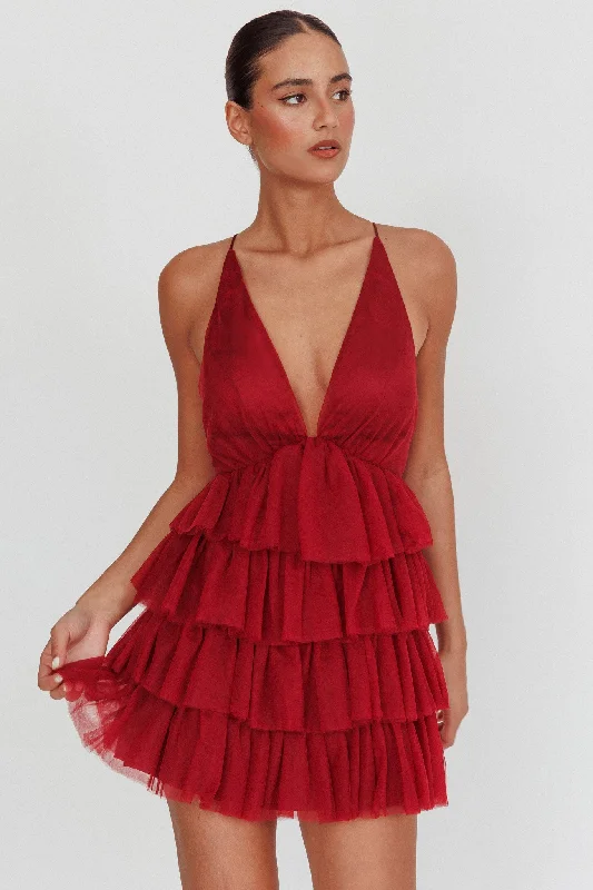Maxi Women Dress with Floral Print for a Bohemian VibeAuguste Tiered Frill Mini Dress Burgundy Maxi Women Dress with Floral Print for a Bohemian VibeAuguste Tiered Frill Mini Dress Burgundy