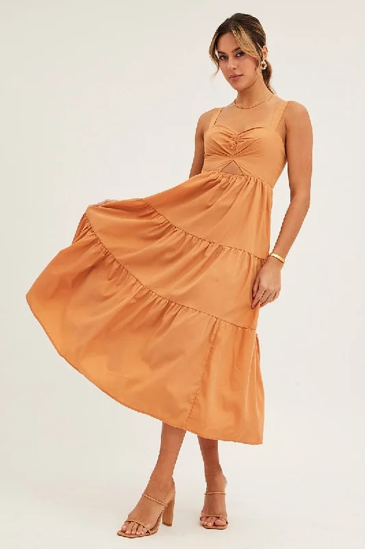 Pleated Women Dress with a Timeless and Elegant TextureBeige Cut Out Midi Dress