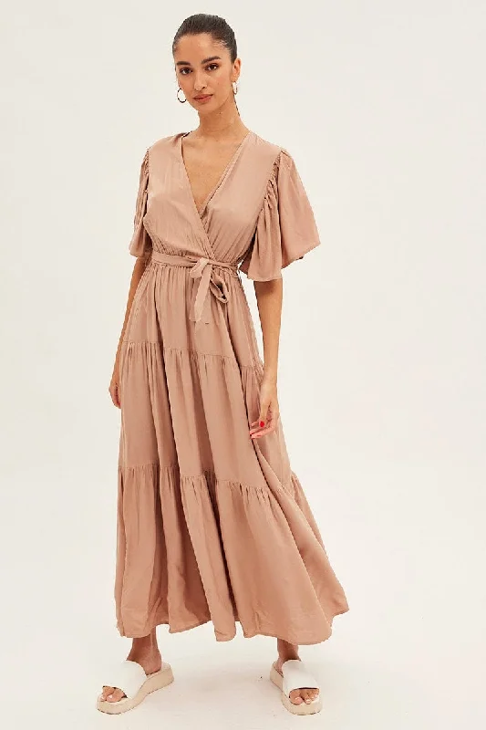 Sheath Women Dress with a Tailored Fit for a Professional LookBeige Maxi Dress Short Sleeve Wrap Front Tiered Sheath Women Dress with a Tailored Fit for a Professional LookBeige Maxi Dress Short Sleeve Wrap Front Tiered