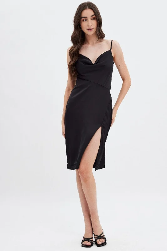 Sleeveless Women Dress in Bright Colors for Summer PartiesBlack Cowl Neck Slip Midi Dress Sleeveless Women Dress in Bright Colors for Summer PartiesBlack Cowl Neck Slip Midi Dress