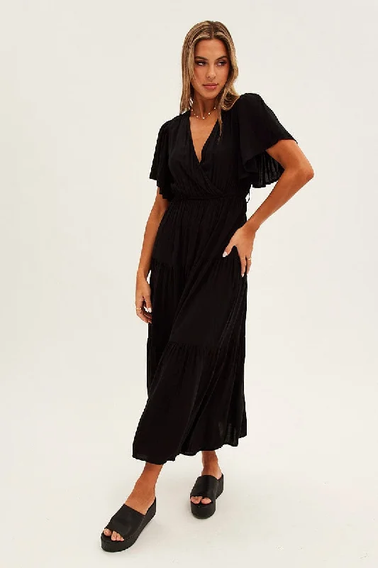Wrap - Style Women Dress with Adjustable Fit for All Body TypesBlack Maxi Dress Fluter Sleeve Tiered Hem Wrap - Style Women Dress with Adjustable Fit for All Body TypesBlack Maxi Dress Fluter Sleeve Tiered Hem