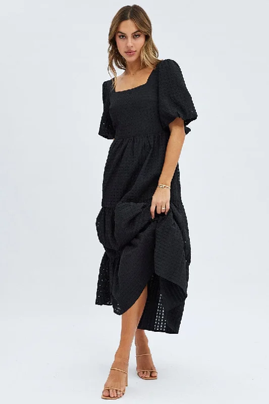 Plus Size Women Dress with a Flattering A - Line Cut for Comfort and StyleBlack Maxi Dress Short Sleeve Tie Back Tiered Plus Size Women Dress with a Flattering A - Line Cut for Comfort and StyleBlack Maxi Dress Short Sleeve Tie Back Tiered