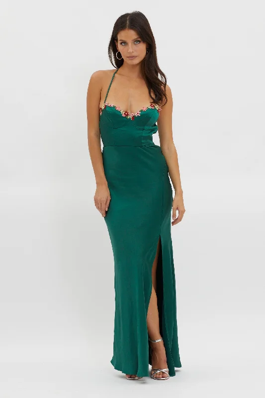 Backless Women Dress for a Sexy and Alluring Look at Evening EventsBonsoir Floral Embroidery Trim Maxi Dress Forest Green Backless Women Dress for a Sexy and Alluring Look at Evening EventsBonsoir Floral Embroidery Trim Maxi Dress Forest Green
