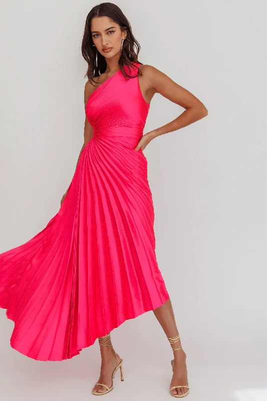Strapless Women Dress with a Built - in Bra for Comfort and SupportBrooklynn One-Shoulder Accordion Pleat Satin Midi Dress Fuchsia Strapless Women Dress with a Built - in Bra for Comfort and SupportBrooklynn One-Shoulder Accordion Pleat Satin Midi Dress Fuchsia