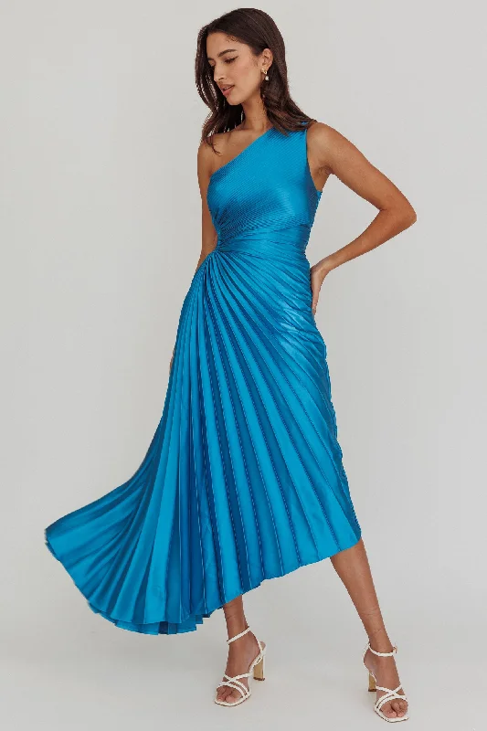 Plus Size Women Dress with a Flattering A - Line Cut for Comfort and StyleBrooklynn One-Shoulder Accordion Pleat Satin Midi Dress Teal Plus Size Women Dress with a Flattering A - Line Cut for Comfort and StyleBrooklynn One-Shoulder Accordion Pleat Satin Midi Dress Teal