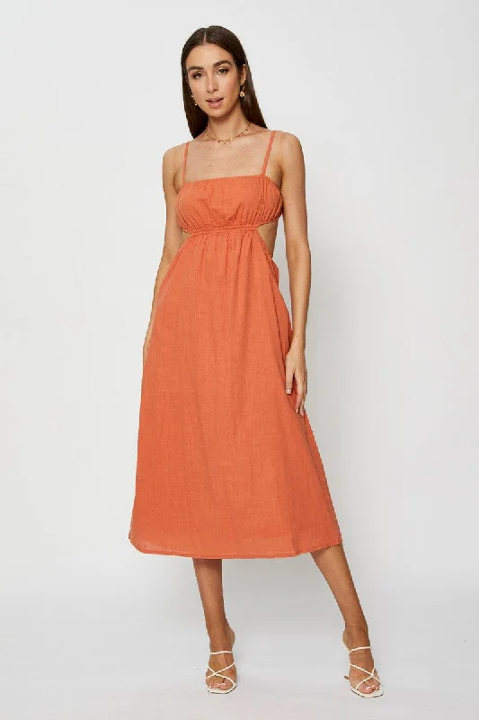 Ruffled Women Dress with Multiple Layers for a Playful and Girly StyleBrown Midi Dress Sleeveless Ruffled Women Dress with Multiple Layers for a Playful and Girly StyleBrown Midi Dress Sleeveless