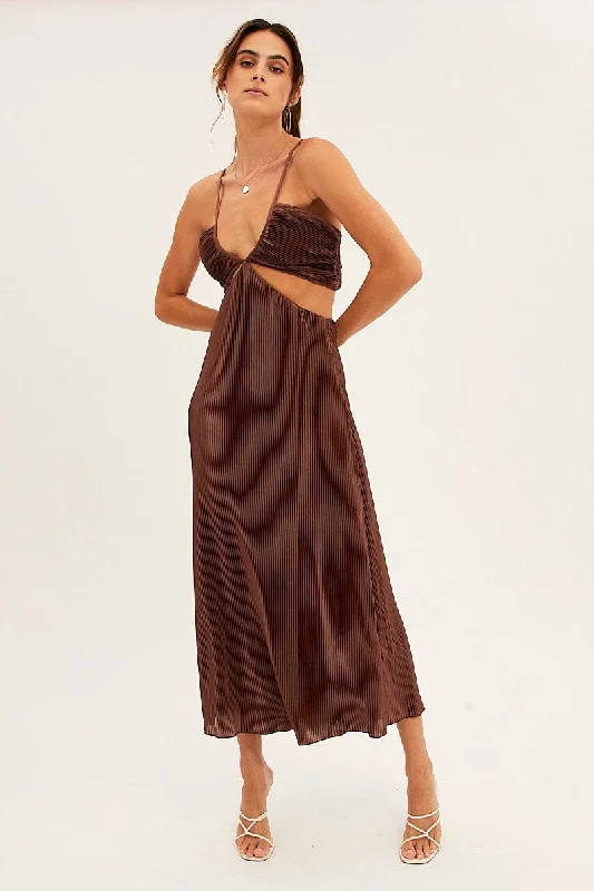 Mermaid - Style Women Dress with a Fitted Silhouette for Special OccasionsBrown Plisse Midi Dress Tie Back Mermaid - Style Women Dress with a Fitted Silhouette for Special OccasionsBrown Plisse Midi Dress Tie Back
