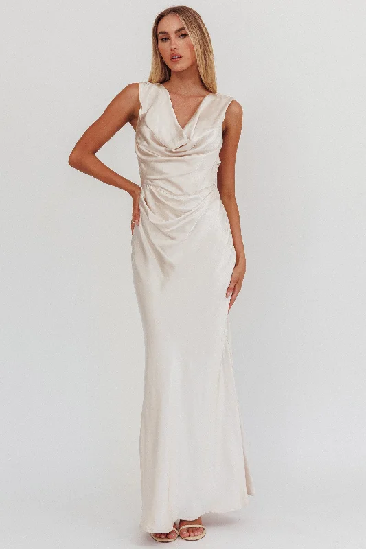 Plus Size Women Dress with a Flattering A - Line Cut for Comfort and StyleChills Cowl Neck Satin Maxi Dress Champagne Plus Size Women Dress with a Flattering A - Line Cut for Comfort and StyleChills Cowl Neck Satin Maxi Dress Champagne