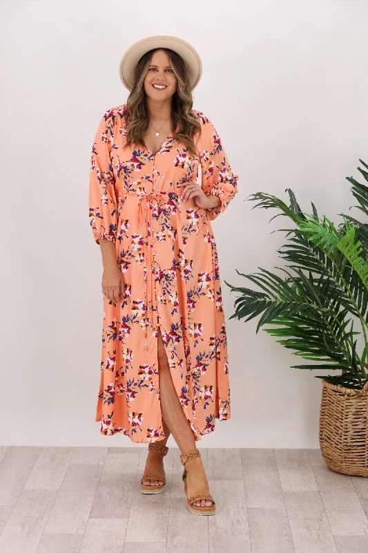 Empire Waist Women Dress to Accentuate the Bust and Conceal the WaistFate Peach Sky Button Midi Dress Peach Pink Floral Empire Waist Women Dress to Accentuate the Bust and Conceal the WaistFate Peach Sky Button Midi Dress Peach Pink Floral
