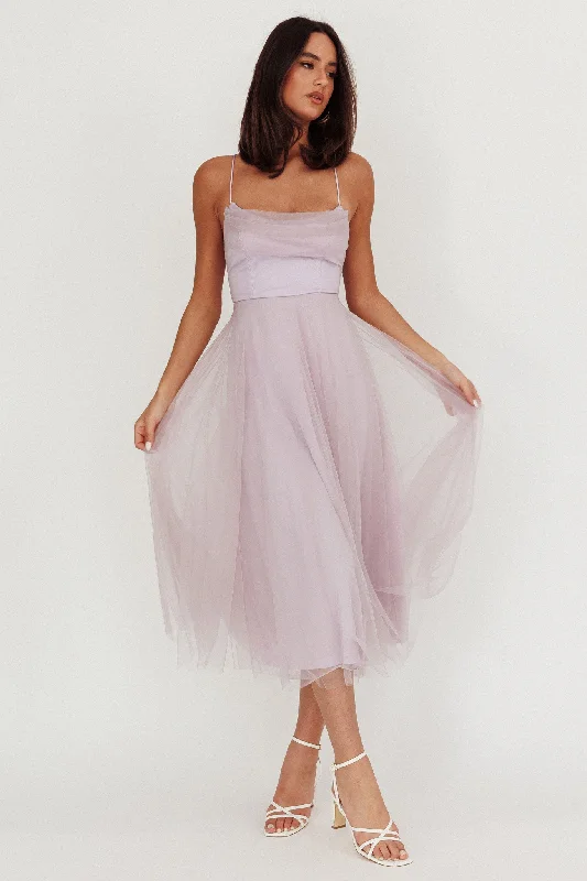 Halter Neck Women Dress to Show Off the Shoulders and NecklineFloating By Pleated Neckline Mesh Midi Dress Lilac Halter Neck Women Dress to Show Off the Shoulders and NecklineFloating By Pleated Neckline Mesh Midi Dress Lilac