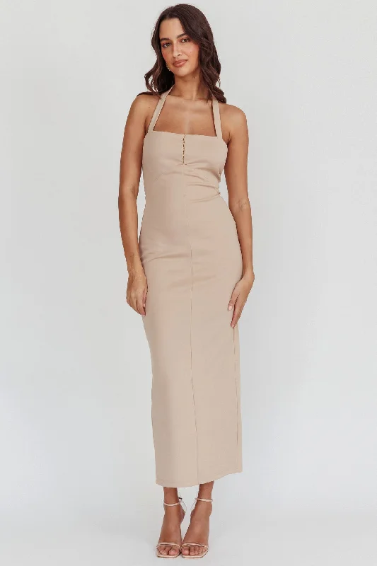 Off - the - Shoulder Women Dress for a Romantic and Feminine LookGoldfoil Halter Neck Maxi Dress Ecru Off - the - Shoulder Women Dress for a Romantic and Feminine LookGoldfoil Halter Neck Maxi Dress Ecru