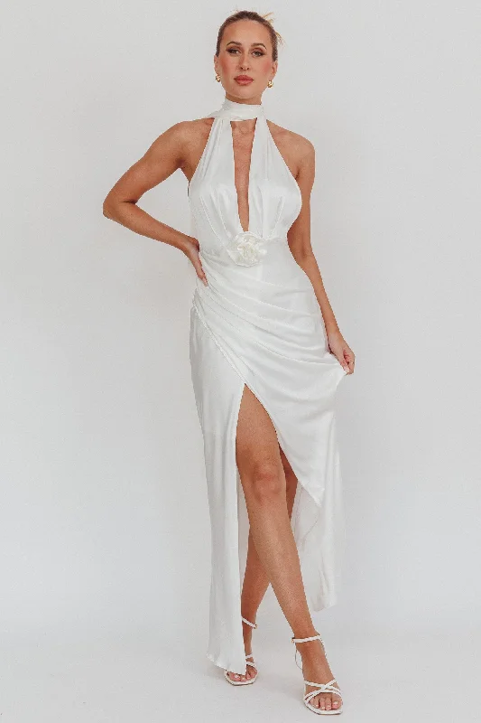 Shift Women Dress with a Simple and Classic Design for Everyday WearItalia Azure Halterneck Rosette Maxi Dress Oyster Shift Women Dress with a Simple and Classic Design for Everyday WearItalia Azure Halterneck Rosette Maxi Dress Oyster