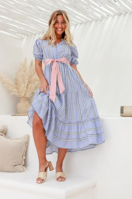 Wrap - Style Women Dress with Adjustable Fit for All Body TypesJoop & Gypsy Tania Stripe Dress Blue Wrap - Style Women Dress with Adjustable Fit for All Body TypesJoop & Gypsy Tania Stripe Dress Blue