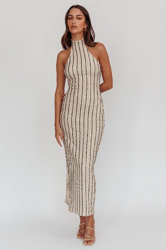 Off - the - Shoulder Women Dress for a Romantic and Feminine LookKimchi Mockneck Halter Maxi Dress Beige Off - the - Shoulder Women Dress for a Romantic and Feminine LookKimchi Mockneck Halter Maxi Dress Beige