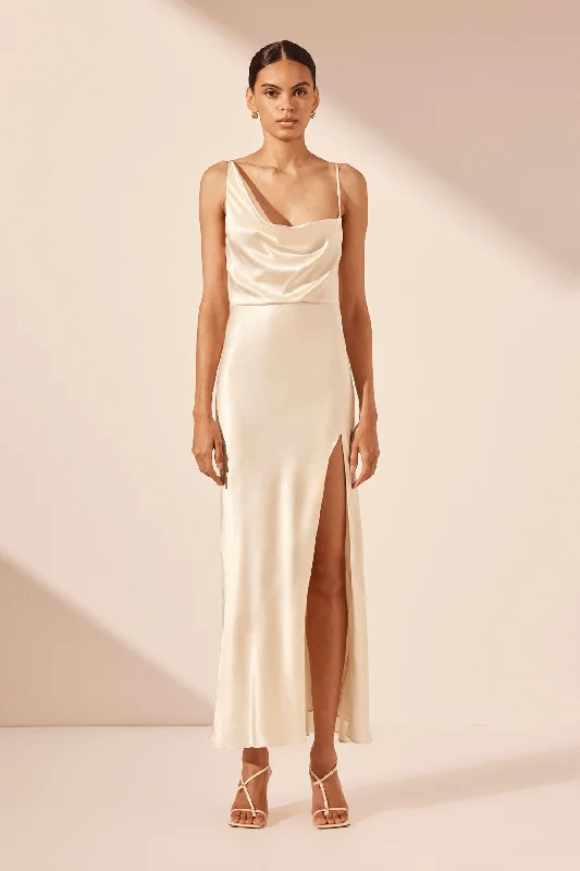 Wrap - Style Women Dress with Adjustable Fit for All Body TypesLA LUNE DRAPED SIDE SPLIT MIDI DRESS - CREAM Wrap - Style Women Dress with Adjustable Fit for All Body TypesLA LUNE DRAPED SIDE SPLIT MIDI DRESS - CREAM
