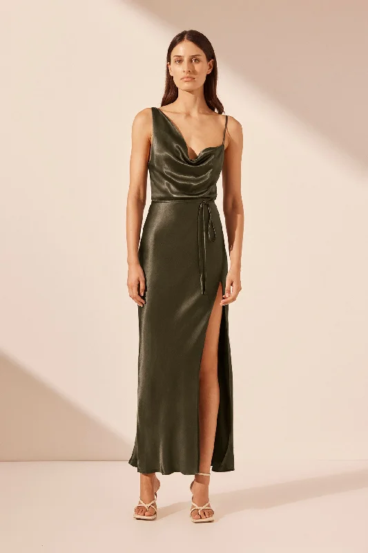 Off - the - Shoulder Women Dress for a Romantic and Feminine LookLA LUNE DRAPED SIDE SPLIT MIDI DRESS - FOREST Off - the - Shoulder Women Dress for a Romantic and Feminine LookLA LUNE DRAPED SIDE SPLIT MIDI DRESS - FOREST