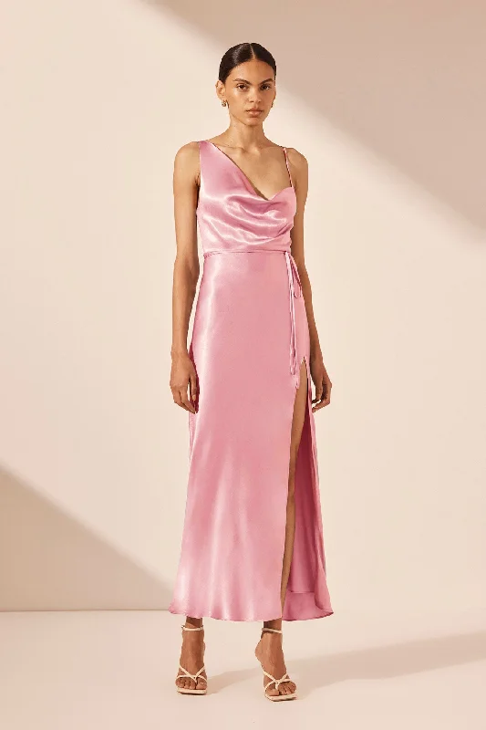 Sheath Women Dress with a Tailored Fit for a Professional LookLA LUNE DRAPED SIDE SPLIT MIDI DRESS - PEONY Sheath Women Dress with a Tailored Fit for a Professional LookLA LUNE DRAPED SIDE SPLIT MIDI DRESS - PEONY