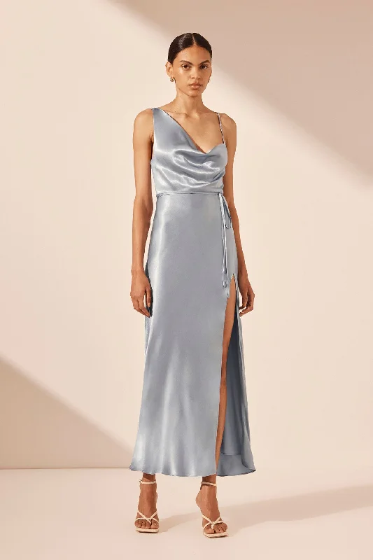 Halter Neck Women Dress to Show Off the Shoulders and NecklineLA LUNE DRAPED SIDE SPLIT MIDI DRESS - POWDER BLUE Halter Neck Women Dress to Show Off the Shoulders and NecklineLA LUNE DRAPED SIDE SPLIT MIDI DRESS - POWDER BLUE