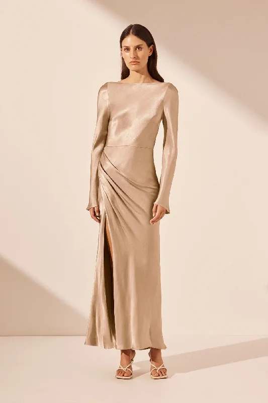 Printed Abstract Women Dress for a Modern and Artistic AppealLA LUNE FLARED SLEEVE SIDE SPLIT MIDI DRESS - GOLD Printed Abstract Women Dress for a Modern and Artistic AppealLA LUNE FLARED SLEEVE SIDE SPLIT MIDI DRESS - GOLD
