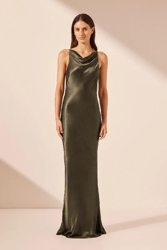 Printed Abstract Women Dress for a Modern and Artistic AppealLA LUNE HIGH NECK COWL MAXI DRESS - FOREST Printed Abstract Women Dress for a Modern and Artistic AppealLA LUNE HIGH NECK COWL MAXI DRESS - FOREST