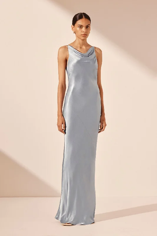 Sleeveless Women Dress in Bright Colors for Summer PartiesLA LUNE HIGH NECK COWL MAXI DRESS - POWDER BLUE Sleeveless Women Dress in Bright Colors for Summer PartiesLA LUNE HIGH NECK COWL MAXI DRESS - POWDER BLUE