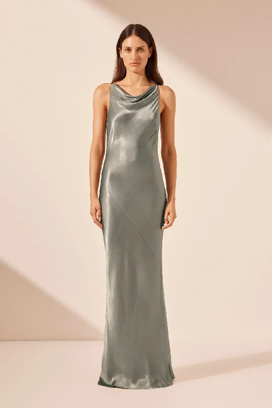 Mini Women Dress with a Short Hem for a Young and Trendy StyleLA LUNE HIGH NECK COWL MAXI DRESS - SAGE Mini Women Dress with a Short Hem for a Young and Trendy StyleLA LUNE HIGH NECK COWL MAXI DRESS - SAGE