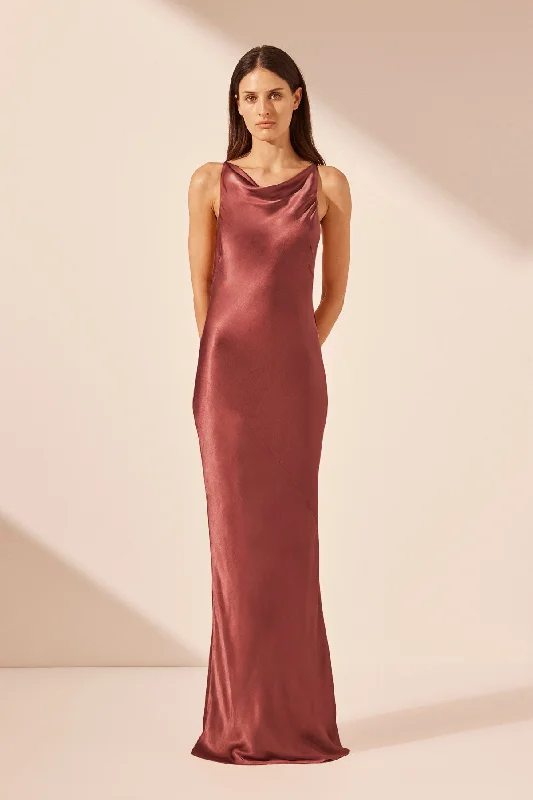 Empire Waist Women Dress to Accentuate the Bust and Conceal the WaistLA LUNE HIGH NECK COWL MAXI DRESS - TERRACOTTA Empire Waist Women Dress to Accentuate the Bust and Conceal the WaistLA LUNE HIGH NECK COWL MAXI DRESS - TERRACOTTA
