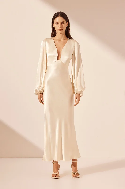 Sheath Women Dress with a Tailored Fit for a Professional LookLA LUNE PLUNGED NECK BALLOON SLEEVE MIDI DRESS - CREAM Sheath Women Dress with a Tailored Fit for a Professional LookLA LUNE PLUNGED NECK BALLOON SLEEVE MIDI DRESS - CREAM