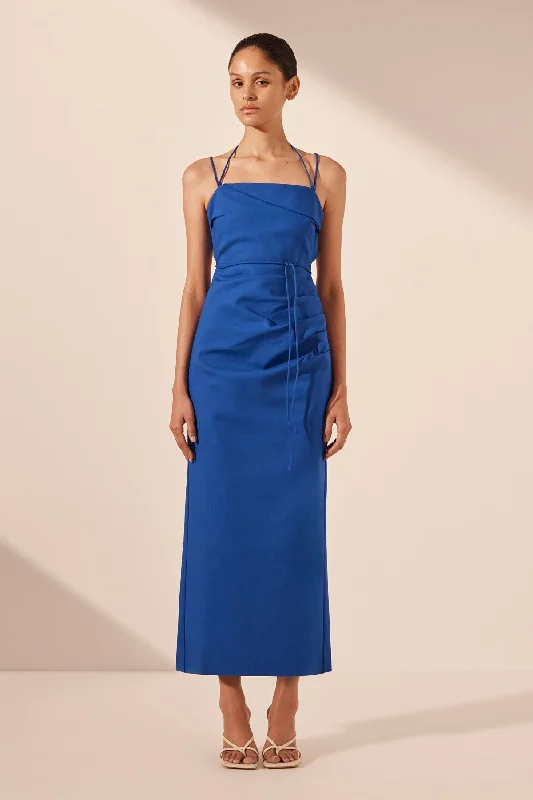 Backless Women Dress for a Sexy and Alluring Look at Evening EventsLANI DRAPED CROSS BACK MIDI DRESS - AZURE Backless Women Dress for a Sexy and Alluring Look at Evening EventsLANI DRAPED CROSS BACK MIDI DRESS - AZURE