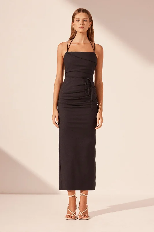 Plus Size Women Dress with a Flattering A - Line Cut for Comfort and StyleLANI DRAPED CROSS BACK MIDI DRESS - BLACK Plus Size Women Dress with a Flattering A - Line Cut for Comfort and StyleLANI DRAPED CROSS BACK MIDI DRESS - BLACK