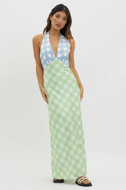 Off - the - Shoulder Women Dress for a Romantic and Feminine LookLavara Halterneck Maxi Dress Checker Green Off - the - Shoulder Women Dress for a Romantic and Feminine LookLavara Halterneck Maxi Dress Checker Green