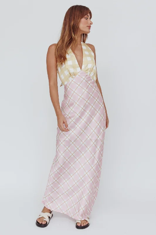 Lace - Embellished Women Dress for an Elegant and Sophisticated AppearanceLavara Halterneck Maxi Dress Checker Pink Lace - Embellished Women Dress for an Elegant and Sophisticated AppearanceLavara Halterneck Maxi Dress Checker Pink