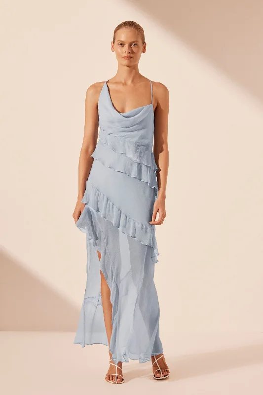 Halter Neck Women Dress to Show Off the Shoulders and NecklineLAYLA ASYMMETRICAL RUFFLE MAXI DRESS - SKY