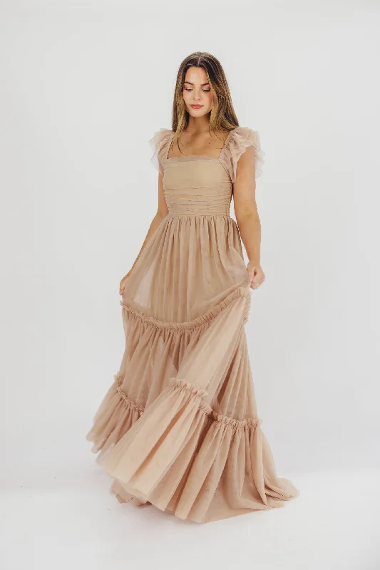 Maxi Women Dress with Floral Print for a Bohemian VibeBella Tiered Tulle Maxi Dress in Taupe - Bump Friendly & Inclusive Sizing (S-3XL) Maxi Women Dress with Floral Print for a Bohemian VibeBella Tiered Tulle Maxi Dress in Taupe - Bump Friendly & Inclusive Sizing (S-3XL)