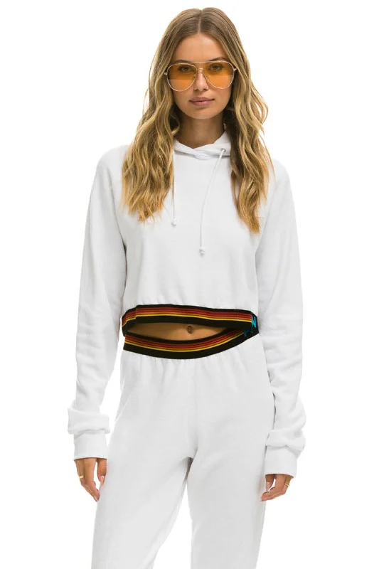 Women's graphic - printed sweatshirt featuring floral patterns for a feminine touchLOGO STRIPE CROP PULLOVER HOODIE - WHITE Women's graphic - printed sweatshirt featuring floral patterns for a feminine touchLOGO STRIPE CROP PULLOVER HOODIE - WHITE