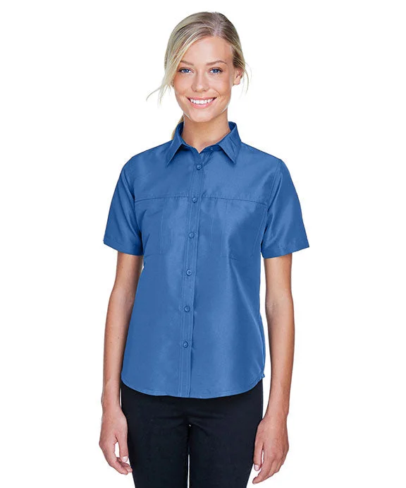 Women's zip - front sweatshirt with contrast stitching for a sporty aestheticM580W - Harriton Ladies Key West Short-Sleeve Performance Staff Shirt | Pool Blue Women's zip - front sweatshirt with contrast stitching for a sporty aestheticM580W - Harriton Ladies Key West Short-Sleeve Performance Staff Shirt | Pool Blue