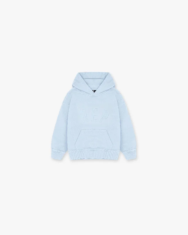 Women's cropped sweatshirt with a lace - trimmed hem for a romantic lookMini Rep Applique Hoodie - Powder Blue Women's cropped sweatshirt with a lace - trimmed hem for a romantic lookMini Rep Applique Hoodie - Powder Blue