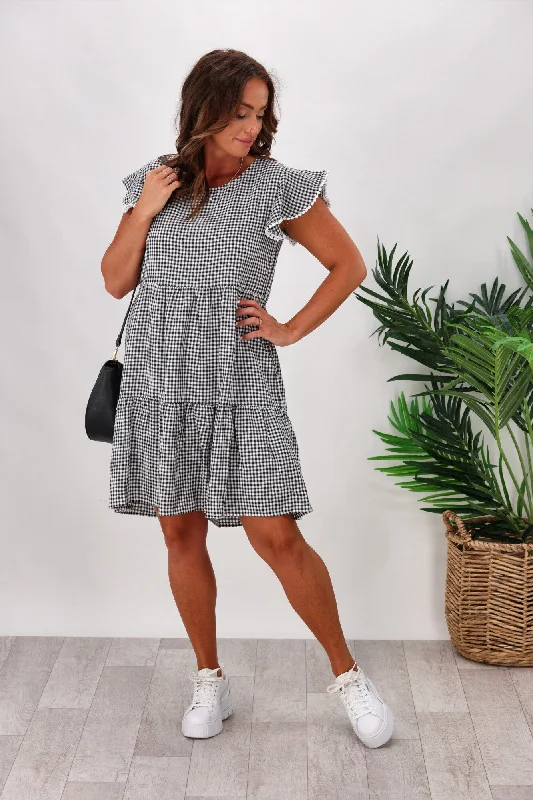 Strapless Women Dress with a Built - in Bra for Comfort and SupportMiracle Lace Trim Gingham Ruffle Dress Black Strapless Women Dress with a Built - in Bra for Comfort and SupportMiracle Lace Trim Gingham Ruffle Dress Black